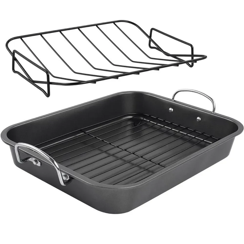 Nonstick Black Roasting Pan with Rack - 16 Inch Rectangular Dishwasher Safe